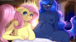  2022 anthro anthrofied areola big_breasts blush breasts detailed_background digital_media_(artwork) english_text equid equine eyelashes female fluttershy_(mlp) friendship_is_magic fur genitals hair hasbro hi_res holding_breast looking_at_viewer mammal my_little_pony nipples nude pink_hair princess_luna_(mlp) pupils pussy spread_legs spreading text twistedscarlett60 url yellow_body yellow_fur 