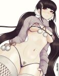  1girl absurdres artist_name bangs black_panties breasts brown_hair clothing_request cowboy_shot danganronpa_(series) danganronpa_v3:_killing_harmony earrings female_pubic_hair fishnet_bra fishnet_thighhighs fishnets from_below grey_background grey_sweater hair_ornament hairclip harukawa_maki highres jewelry long_hair low_twintails medium_breasts mole mole_under_eye navel nipples panties parted_lips pubic_hair pussy red_eyes red_venvs shiny shiny_hair side-tie_panties simple_background sleeves_past_wrists solo stomach sweater teeth thighhighs thong twintails underwear white_background 
