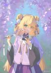  absurdres blonde_hair chinese_clothes double_bun dress fischl_(genshin_impact) flower genshin_impact hair_bun hand_fan highres japanese_clothes long_hair long_sleeves purple_dress purple_ribbon ribbon shy wide_sleeves wisteria yukiri_(l_ii) 