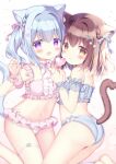  2girls :o animal_ear_fluff animal_ears ass azumi_kazuki bangs blue_bra blue_hair blue_panties blue_ribbon blush bra braid brown_eyes brown_hair cat_ears cat_girl cat_tail center_frills claw_pose commentary_request detached_sleeves frilled_bra frilled_panties frills hair_between_eyes hair_ornament hair_ribbon hairclip hand_up heart highres holding looking_at_viewer multiple_girls open_mouth original panties parted_lips pink_bra pink_panties pink_ribbon puffy_short_sleeves puffy_sleeves purple_eyes ribbon see-through see-through_sleeves short_sleeves simple_background tail twintails underwear underwear_only white_background 