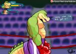  2022 absurd_res alligator alligatorid anthro biped bottomwear boxing_gloves boxing_shorts brok_(character) brok_the_investigator clothing crocodilian english_text fighting_ring green_body handwear hi_res male musclegut reptile scalie shorts text tygom5 video_games 