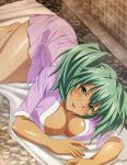  1girl :d aqua_hair blush breasts cleavage dress green_eyes ikkitousen large_breasts long_hair looking_at_viewer lying on_side open_mouth pink_dress ryofu_housen shiny shiny_hair shiny_skin short_dress smile solo steam towel twintails wet wet_clothes wet_dress 