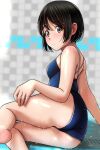  1girl arm_support bangs bare_arms bare_legs bare_shoulders barefoot black_hair blue_one-piece_swimsuit blush breasts brown_eyes competition_school_swimsuit from_side frown hand_on_own_leg hand_on_own_thigh highres looking_at_viewer looking_to_the_side matsunaga_kouyou one-piece_swimsuit original poolside school_swimsuit short_hair sidelocks sitting small_breasts solo swept_bangs swimsuit thighs wet wet_clothes wet_hair wet_swimsuit yokozuwari 
