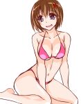  1girl bangs bare_arms bare_legs barefoot between_legs bikini blue_eyes breasts brown_hair cleavage collarbone engo_(aquawatery) hair_between_eyes hair_ornament hairclip halterneck hand_between_legs large_breasts looking_at_viewer lyrical_nanoha mahou_shoujo_lyrical_nanoha_strikers medium_hair navel open_mouth pink_bikini shiny shiny_hair sideboob simple_background sitting sketch solo swimsuit underboob white_background yagami_hayate 