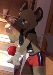  2022 5_fingers aggressive_retsuko agitoryuusaki anthro bathroom brown_body brown_fur brush brushing brushing_teeth bulge clothed clothing container cup fingers fur haida hi_res hyaenid male mammal sanrio solo spotted_hyena towel underwear underwear_only 