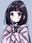  1girl aged_down bangs black_hair blush child closed_mouth commentary female_child grey_background grey_shirt himawari-san himawari-san_(character) hood hood_down hoodie long_sleeves looking_at_viewer medium_hair purple_eyes purple_hoodie shirt signature simple_background sketch sleeves_past_fingers sleeves_past_wrists solo sugano_manami upper_body 