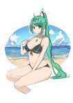  1girl absurdres aotsuba bangs bikini breasts chest_jewel cleavage green_eyes green_hair highres large_breasts long_hair midriff navel pneuma_(xenoblade) ponytail solo swept_bangs swimsuit very_long_hair xenoblade_chronicles_(series) xenoblade_chronicles_2 