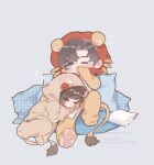  1boy 1girl :o artem_wing_(tears_of_themis) blue_eyes brown_hair chibi closed_eyes closed_mouth full_body grey_background littletreeee long_sleeves looking_at_viewer lying lying_on_person on_back on_side one_eye_closed onesie open_mouth pajamas pillow rosa_(tears_of_themis) short_hair sleeping tears_of_themis yawning 