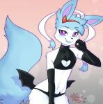  anthro biped blue_body blush clothed clothing costume eeveelution fangs generation_6_pokemon girly looking_at_viewer male milk_the_sylveon_(toxicmilkyx) nintendo open_mouth pokemon pokemon_(species) purple_eyes simple_background skimpy solo sylveon toxicmilkyx video_games watermark white_body 