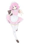  1girl :q apron brown_footwear commentary dress foreshortening frilled_dress frills full_body highres holding holding_menu loafers maid_headdress mechiru menu ootori_emu pink_dress pink_eyes pink_hair pink_nails project_sekai shoes short_hair short_sleeves solo thighhighs tongue tongue_out v waitress white_thighhighs 