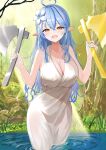  1girl absurdres ahoge axe bangs blue_hair breasts cleavage dress flower gold grass greek_mythology hair_between_eyes hair_flower hair_ornament highres holding holding_axe hololive honest_axe large_breasts light_rays long_hair looking_at_viewer open_mouth orange_eyes outdoors partially_submerged pointy_ears river smile solo sparkle standing towrituka virtual_youtuber wading water wet white_dress yukihana_lamy 