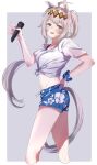  1girl ahoge animal_ears bangs blue_shorts breasts collarbone floral_print gaze_on_me!_outfit_(umamusume) grey_background grey_eyes grey_hair ha_(hura76752775) hand_on_hip highres holding holding_microphone horse_ears horse_girl horse_tail medium_breasts microphone multicolored_hair oguri_cap_(umamusume) ponytail print_shorts shirt short_shorts short_sleeves shorts solo tail tied_shirt two-tone_background two-tone_hair umamusume white_background white_hair white_shirt 