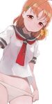  1girl ahoge blush bow braid closed_mouth commentary_request hair_bow highres hiroki_(yyqw7151) looking_down love_live! love_live!_sunshine!! neckerchief no_pants orange_hair panties red_eyes red_neckerchief school_uniform serafuku short_hair single_braid smile solo takami_chika underwear undressing uranohoshi_school_uniform white_panties yellow_bow 