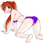  1girl :q all_fours bangs bare_arms bare_legs barefoot bikini blue_eyes brown_hair closed_mouth engo_(aquawatery) hair_between_eyes long_hair looking_at_viewer lyrical_nanoha mahou_shoujo_lyrical_nanoha_strikers purple_bikini shiny shiny_hair side_ponytail simple_background sketch smile solo swimsuit takamachi_nanoha tongue tongue_out very_long_hair white_background 