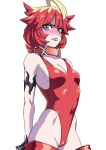  1girl ahoge black_lips blonde_hair blush bodysuit breasts collar green_eyes hai_(h81908190) highleg highleg_leotard leotard mela_(pokemon) multicolored_hair nose_blush orange_collar pokemon pokemon_(game) pokemon_sv red_hair red_leotard short_hair simple_background small_breasts solo two-tone_hair white_background white_bodysuit 