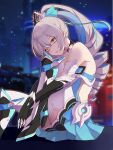  1girl absurdres armor armored_dress bangs bare_shoulders bikini_armor black_gloves blue_hair boots breasts bronya_zaychik bronya_zaychik_(herrscher_of_truth) city_lights dress drill_hair elbow_gloves gloves grey_eyes grey_hair hair_between_eyes highres honkai_(series) honkai_impact_3rd hugging_own_legs long_hair mechanical_legs multicolored_hair night ponytail small_breasts smile solo star_(sky) thigh_boots thighhighs unique-blueberry very_long_hair 