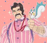  1boy arm_hair black_hair blush_stickers closed_eyes collared_shirt facial_hair male_focus manly mature_male muscular muscular_male mustache nagiko_(mangalove1111) open_mouth pachirisu pectorals pokemon pokemon_(creature) pokemon_(game) pokemon_sv saguaro_(pokemon) shirt smile striped striped_shirt suspenders thick_arms thick_eyebrows thumbs_up vertical-striped_shirt vertical_stripes 