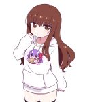  1girl bb_(fate) black_thighhighs brown_eyes brown_hair chan_co collarbone commentary fate/extra fate/extra_ccc fate_(series) food highres hood hoodie kishinami_hakuno_(female) long_hair looking_at_viewer noodles ramen sleeves_past_wrists solo symbol-only_commentary thighhighs white_hoodie 