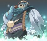 2022 anthro biped blue_body clothed clothing cute_fangs garouzuki hat headgear headwear hi_res kemono male mammal mature_male overweight overweight_male scar scarf solo tamacolle ursid video_games 