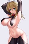  1girl animal_ears armpits asamura_hiori bangs bare_shoulders black_pantyhose blonde_hair bow bowtie breasts cleavage closed_mouth commentary_request cowboy_shot detached_collar fake_animal_ears groin hair_between_eyes highres large_breasts looking_at_viewer meme_attire navel original pantyhose playboy_bunny rabbit_ears red_bow red_bowtie revealing_clothes reverse_bunnysuit reverse_outfit short_hair sidelocks simple_background smile solo standing stomach white_background 