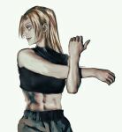  1girl blonde_hair esorii highres jujutsu_kaisen midriff profile simple_background sleeveless solo stretching tsukumo_yuki_(jujutsu_kaisen) white_background 