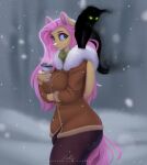  alternate_species anthro anthrofied blue_eyes butt clothing coffee_cup container cup domestic_cat duo equid equine evehly felid feline felis female fluttershy_(mlp) friendship_is_magic fur fur_trim green_eyes hair hasbro jacket king_sombra_(mlp) long_hair male mammal my_little_pony outside pegasus pink_hair shadow_creature snow snowing steam thick_thighs topwear wide_hips wings winter yellow_body yellow_fur 