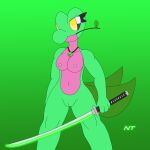  anthro breasts female fern_shinamori generation_3_pokemon genitals hi_res jewelry katana melee_weapon necklace ninjatreecko nintendo nude pokemon pokemon_(species) pussy solo sword treecko twig video_games weapon 