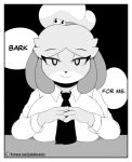  2022 absurd_res animal_crossing anthro big_breasts breasts canid canine canis clothed clothing comic curvy_figure dialogue digital_drawing_(artwork) digital_media_(artwork) domestic_dog english_text female fur furniture greyscale hair hi_res isabelle_(animal_crossing) lobokosmico looking_at_viewer makima_(chainsaw_man) mammal manga monochrome necktie neckwear nintendo shih_tzu simple_background solo table text toy_dog video_games 