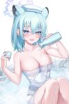  1girl :d animal_ears blue_archive blush bottle breasts cleavage cup fangs feet_out_of_frame green_hair hair_between_eyes highres holding holding_bottle holding_cup looking_at_viewer medium_hair naked_towel pong_(vndn124) pouring pouring_onto_self shigure_(blue_archive) simple_background skin_fangs smile solo towel towel_on_head water wet white_background 