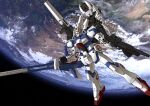  absurdres beam_rifle earth_(planet) energy_gun green_eyes gun gundam highres holding holding_gun holding_weapon looking_at_viewer mecha mobile_suit no_humans planet robot science_fiction solo space star_(sky) takeda_eka v-fin v_gundam victory_gundam weapon 