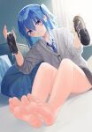  1girl barefoot black_footwear black_socks blue_eyes blue_hair blue_necktie blue_socks blush cardigan collared_shirt cum cum_in_shoe cum_on_clothes feet foot_focus full_body grey_cardigan grin hair_between_eyes highres holding holding_clothes holding_legwear holding_shoes hololive hoshimachi_suisei indoors kou_futoshi legs long_hair looking_at_viewer necktie shirt shoes shoes_removed sitting skirt smell smile socks soles solo toes virtual_youtuber white_shirt 