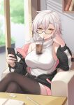  1girl absurdres ahoge armpit_crease bare_shoulders black_jacket breasts brown_thighhighs bubble_tea bubble_tea_challenge crossed_legs cup disposable_cup glasses hand_up high_collar highres holding holding_phone jacket large_breasts long_hair long_sleeves looking_at_viewer looking_over_eyewear multicolored_hair object_on_breast off_shoulder open_clothes open_jacket original phone semi-rimless_eyewear shirt sitting sleeveless sleeveless_shirt solo streaked_hair thighhighs under-rim_eyewear white_hair white_shirt xiao_fei yellow_eyes 