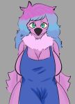  anthro apron avian beak big_breasts bird blue_eyes blue_hair breasts clothing feathers female fur gradient_hair hair mature_female neck_tuft pink_body pink_feathers pink_fur plum_luck_(plushdogy) plushdogy slightly_chubby solo tuft 