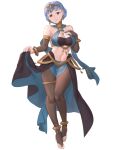  1girl alternate_costume anklet blue_hair bracelet braid bridal_gauntlets circlet cosplay crown_braid dancer dorothea_arnault dorothea_arnault_(cosplay) ebinku elbow_gloves fire_emblem fire_emblem:_three_houses fire_emblem_heroes gloves hand_on_own_chest highres jewelry looking_at_viewer marianne_von_edmund navel pantyhose parted_lips pelvic_curtain red_eyes smile solo thigh_ring 