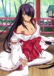  1girl antenna_hair black_hair breasts cleavage closed_mouth day grey_eyes hair_over_one_eye hakama hakama_skirt ikkitousen japanese_clothes kan&#039;u_unchou kimono large_breasts long_hair long_sleeves looking_at_viewer low-tied_long_hair miko off_shoulder outdoors red_hakama ribbon-trimmed_sleeves ribbon-trimmed_thighhighs ribbon_trim shiny shiny_hair shiny_skin sitting skirt smile solo thighhighs very_long_hair white_kimono white_thighhighs wide_sleeves wooden_floor 