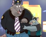  2022 absurd_res anthro belly belly_grab big_belly blush bottomwear brok_the_investigator clothing duo eyes_closed grey_body guard_(brok_the_investigator) hacker_(brok_the_investigator) hat headgear headwear hi_res humanoid_hands kemono m2vcjtad5hsdvla male mammal mouse murid murine overweight overweight_male pants rat rodent shirt size_difference topwear video_games 