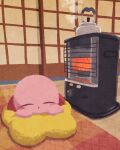  1other blush closed_eyes heater highres indoors kettle kirby kirby_(series) lying miclot on_stomach open_mouth pillow sleeping smoke star_(symbol) 