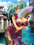  1girl ahoge alternate_costume aqua_hair bangs blush breast_rest breasts china_dress chinese_clothes cleavage clothing_cutout day dress flower gloves green_eyes hair_between_eyes hair_flower hair_ornament hand_fan holding holding_fan ikkitousen large_breasts leg_tattoo long_hair looking_at_viewer midriff navel navel_cutout open_mouth outdoors pink_flower print_dress purple_dress red_ribbon ribbon ryofu_housen shiny shiny_hair shiny_skin side_slit sleeveless sleeveless_dress solo stomach tattoo twintails white_gloves 