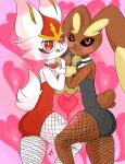  &lt;3 anstingdude anthro big_butt big_ears big_eyes big_tail blush blush_lines bow_tie brown_body brown_fur bunny_costume butt cheek_tuft cinderace clothing costume duo eyebrows facial_tuft female fluffy fluffy_ears fluffy_tail fur generation_4_pokemon generation_8_pokemon hair hand_holding hi_res lagomorph legwear lopunny mammal necktie nintendo pink_eyes pokemon pokemon_(species) red_eyes red_hair smile the_fuck_me_eyes thick_eyebrows thick_thighs tights tongue tongue_out tuft video_games white_body white_fur 