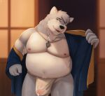  2022 absurd_res anthro arkross1999 asian_clothing belly big_belly bodily_fluids canid canine canis clothing east_asian_clothing fundoshi genital_fluids hi_res humanoid_hands japanese_clothing kemono male mammal moobs navel nipples overweight overweight_male precum solo underwear white_clothing white_fundoshi white_underwear wolf 