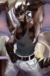  anthro belt bottomwear building chain claws clothed clothing day detailed_background dragon esperpenta grey_body grey_scales hi_res horn inside invalid_tag jewelry looking_at_viewer male muscular muscular_male necklace orange_eyes pants pecs plant raised_arm scales scalie shirt sky smile solo standing tank_top topwear window wings 