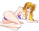  1girl :d bangs bare_arms bare_legs barefoot bikini blonde_hair blue_bikini blush breasts cleavage collarbone engo_(aquawatery) fate_testarossa hair_between_eyes large_breasts long_hair looking_at_viewer lying lyrical_nanoha mahou_shoujo_lyrical_nanoha_strikers on_side open_mouth red_eyes shiny shiny_hair simple_background sketch smile solo straight_hair swimsuit white_background 
