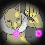  1boy afterimage animal_ears arm_up big_nose body_fur fur_collar furry furry_male glowing glowing_eyes grey_background half-closed_eyes highres holding holding_pendulum hypno hypnosis hypnosis_(pokemon) looking_at_viewer male_focus mind_control motion_lines muu_(mumumer) pendulum pink_eyes pokemon pokemon_(creature) pokemon_move simple_background solo standing straight-on two-tone_fur upper_body white_fur yellow_fur 