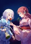  2girls :d blue_eyes blue_kimono brown_hair candy_apple floral_print food hair_ribbon highres japanese_clothes kimono konno_junko long_hair long_sleeves minamoto_sakura multiple_girls murasaki_atsushi night open_mouth outdoors pink_kimono pink_ribbon print_kimono profile ribbon shiny shiny_hair sky smile star_(sky) starry_sky tongue tongue_out white_hair wide_sleeves zombie_land_saga 