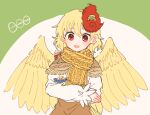  1girl animal animal_on_head bird bird_on_head bird_wings blonde_hair blush brown_dress chick dress feathered_wings hair_between_eyes itomugi-kun long_sleeves multicolored_hair niwatari_kutaka on_head open_mouth red_eyes red_hair scarf shirt short_hair smile solo touhou two-tone_hair upper_body white_shirt wings yellow_scarf yellow_wings 