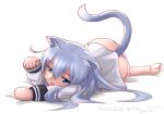  1girl animal_ears ass barefoot blue_eyes cat_ears cat_tail grey_hair hibiki_(kancolle) kantai_collection kemonomimi_mode long_hair looking_at_viewer lying no_pants on_stomach one-hour_drawing_challenge panties paw_pose ray.s sailor_collar sailor_shirt school_uniform serafuku shirt simple_background solo tail underwear white_background white_panties 