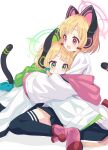  2girls :&lt; animal_ear_headphones animal_ears bangs black_skirt black_thighhighs blonde_hair blue_archive bow cat_ear_headphones cat_tail check_commentary coat commentary_request crying crying_with_eyes_open dot_nose fake_animal_ears green_bow green_eyes hair_bow halo headphones highres hooded_coat hug legs light_blush long_sleeves looking_at_another looking_away midori_(blue_archive) momoi_(blue_archive) multiple_girls on_floor open_mouth oversized_clothes pink_eyes pink_footwear red_bow shirt short_hair siblings sisters sitting skirt smile tail tears teeth thighhighs thighs tibaridooor twins upper_teeth wariza white_background white_coat white_shirt 