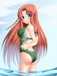  ass blue_eyes competition_swimsuit drill_hair hong_meiling kurone long_hair one-piece_swimsuit red_hair solo submerged swimsuit touhou wet 