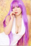  airbrushed athena athena_(saint_seiya) breasts cleavage cosplay hand_to_mouth hand_to_own_mouth kido_saori kidou_saori large_breasts lipstick long_hair makeup photo purple_hair real saint_seiya saori_kido solo very_long_hair 