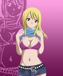  belly_button belt bikini bikini_bottom bikini_top blonde_hair bra breasts cleavage denim denim_shorts fairy_tail hotpants large_breasts lingerie long_hair lucy_heartfilia midriff mound_of_venus navel photoshop shirt_lift short_shorts shorts stomach swimsuit underwear 